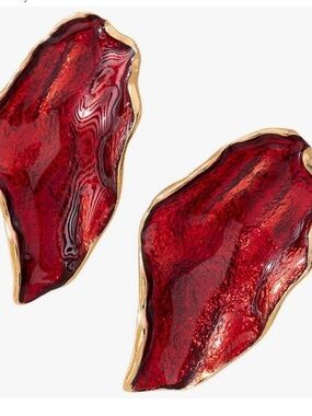 Red Chunky Flower Leaf Earrings | Big Enamel Statement Dangles